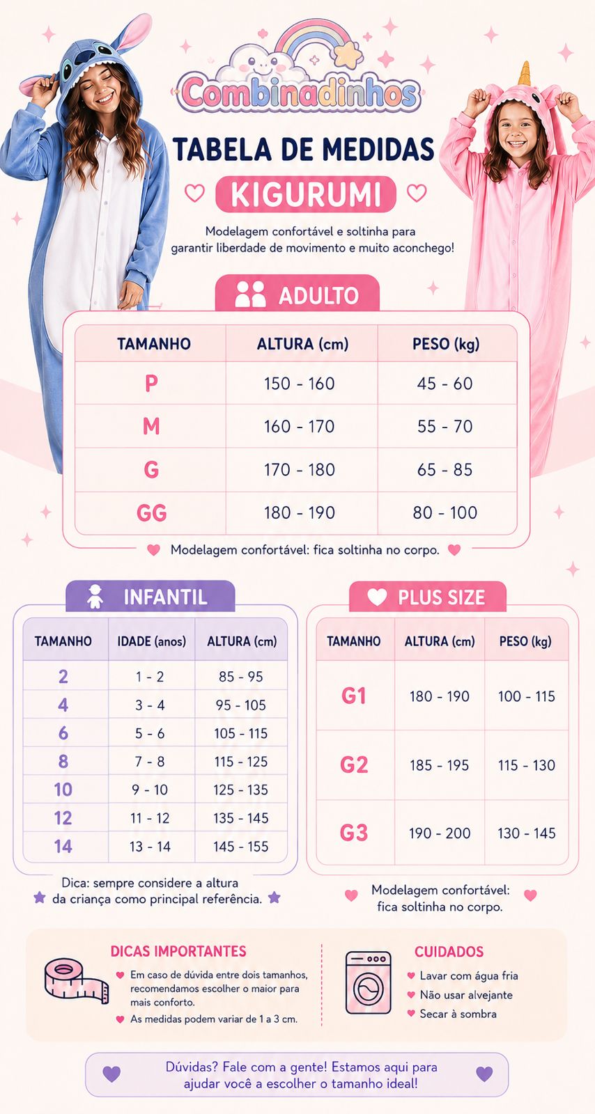Tabela de medidas Combinadinhos — tamanhos adulto (P, M, G, GG), infantil (2 a 14 anos) e plus size (G1, G2, G3)